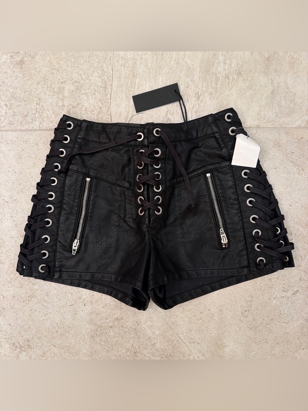 Blank NYC Black High-Waist Lace-Up Faux Leather Shorts NWT